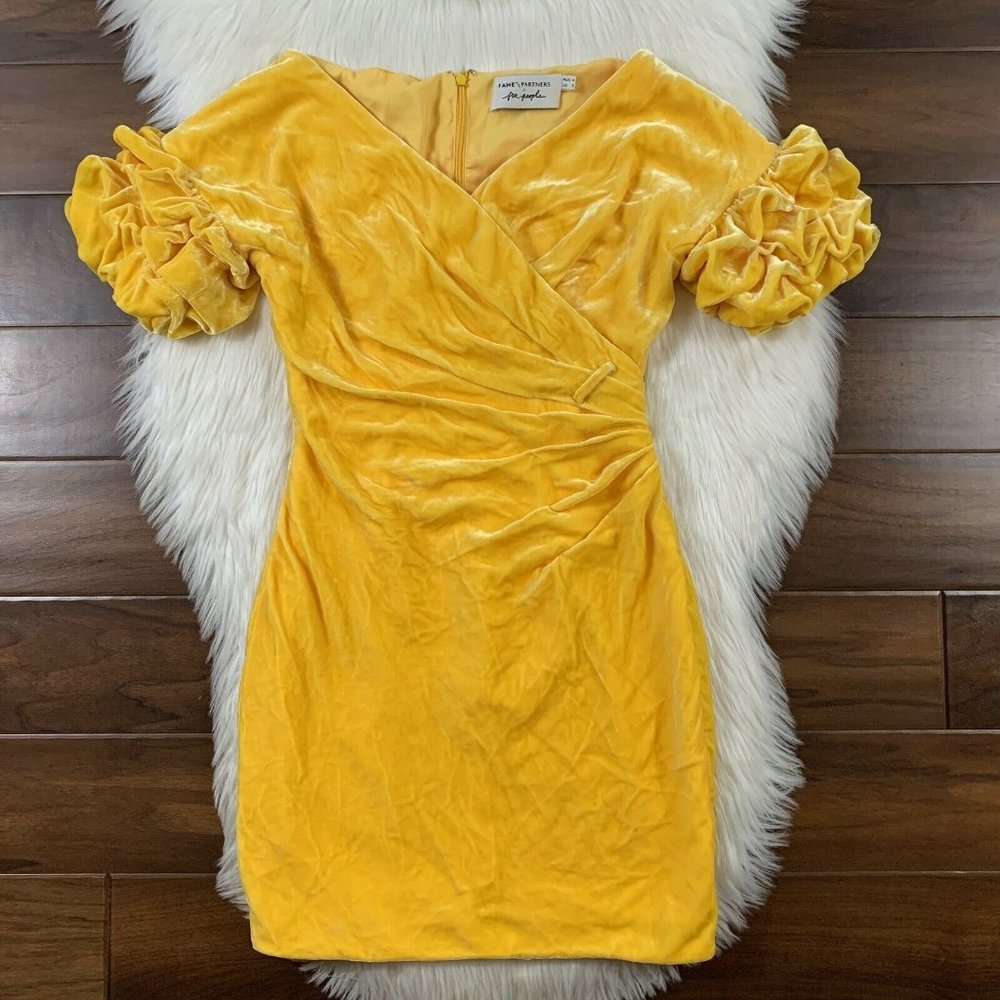 Free People Fame & Partners Size 0 Yellow Velvet Caroline Dress Puff Sleeves
